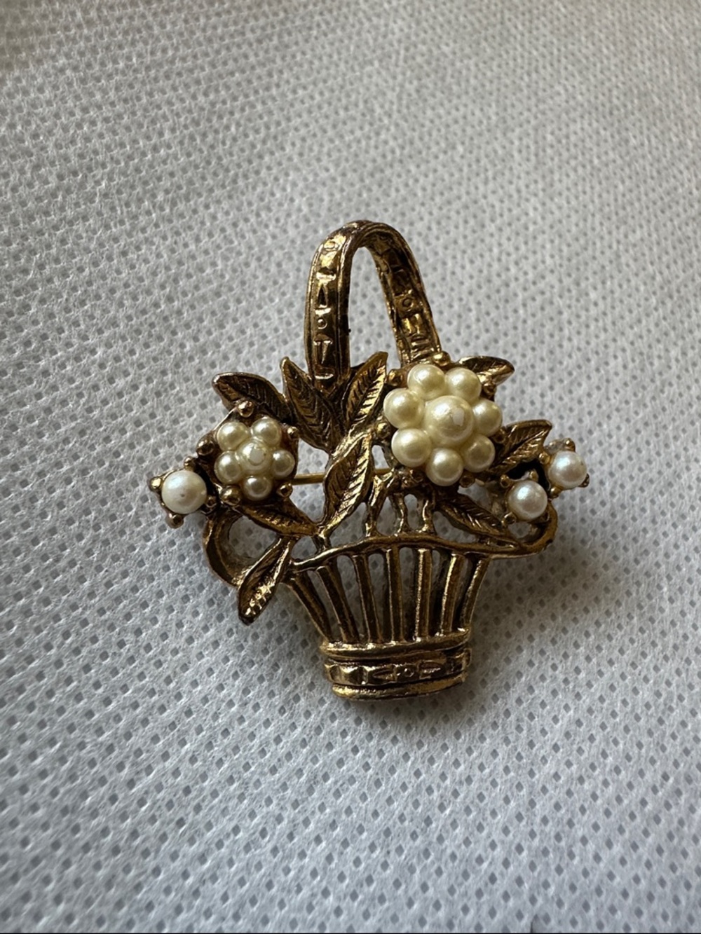 Vintage Brooch Pearl Flower Basket Brooch Gold Tone Detailed and Unique Textured